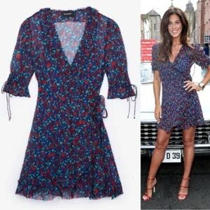The Kooples Dress Women size 1 (S)- Blue Silk Roses Print-Wrap Knee Length Sheer